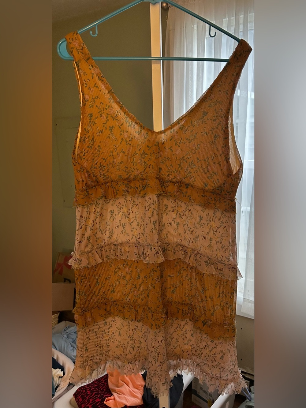 Show Me Your MuMu Mustard and Cream Floral Tiered Ruffle Dress